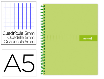 [BJ10] CUADERNO ESPIRAL LIDERPAPEL A5 MICRO CRAFTY TAPA FORRADA 120H 90 GR CUADRO 5MM 5 BANDAS6 TALADROS COLOR VERDE