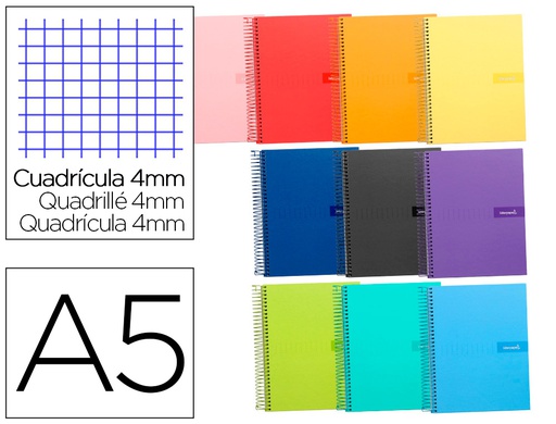 [BC79] CUADERNO ESPIRAL LIDERPAPEL A5 CRAFTY TAPA FORRADA 80H 90 GR CUADRO 4 MM CON MARGEN COLORES SURTIDOS