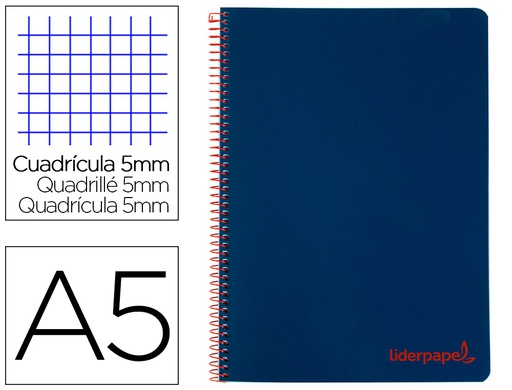 [BJ68] CUADERNO ESPIRAL LIDERPAPEL A5 MICRO WONDER TAPA PLASTICO 120H 90G CUADRO 5MM 5 BANDAS 6 TALADROS COLOR AZUL MARINO