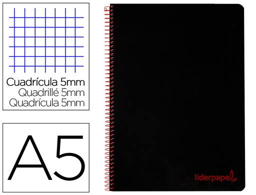 [BJ67] CUADERNO ESPIRAL LIDERPAPEL A5 MICRO WONDER TAPA PLASTICO 120H 90G CUADRO 5MM 5 BANDAS 6 TALADROS COLOR NEGRO