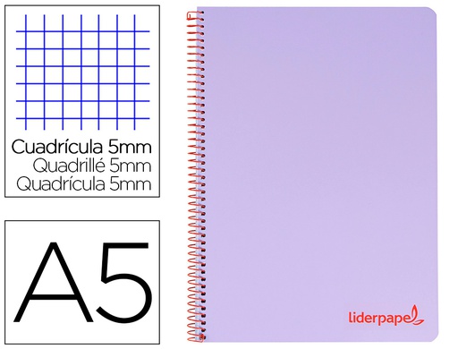 [BJ18] CUADERNO ESPIRAL LIDERPAPEL A5 MICRO WONDER TAPA PLASTICO 120H 90G CUADRO 5MM 5 BANDAS 6 TALADROS COLOR VIOLETA