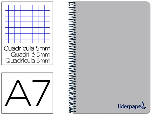 [BG19] CUADERNO ESPIRAL LIDERPAPEL A7 MICRO WONDER TAPA PLASTICO 100H 90 GR CUADRO 5MM 4 BANDAS COLOR GRIS