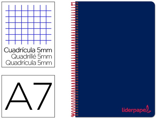 [BG18] CUADERNO ESPIRAL LIDERPAPEL A7 MICRO WONDER TAPA PLASTICO 100H 90 GR CUADRO 5MM 4 BANDAS COLOR AZUL MARINO