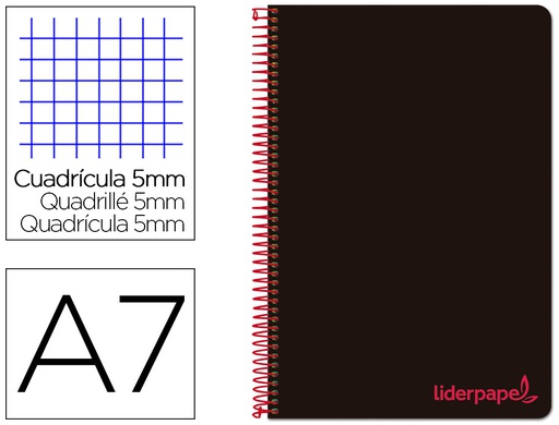 [BG17] CUADERNO ESPIRAL LIDERPAPEL A7 MICRO WONDER TAPA PLASTICO 100H 90 GR CUADRO 5MM 4 BANDAS COLOR NEGRO