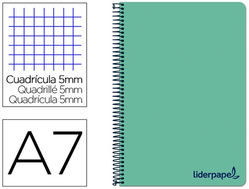 [BG06] CUADERNO ESPIRAL LIDERPAPEL A7 MICRO WONDER TAPA PLASTICO 100H 90 GR CUADRO 5MM 4 BANDASCOLOR VERDE PASTEL TURQUESA