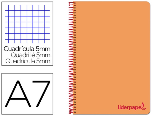 [BG07] CUADERNO ESPIRAL LIDERPAPEL A7 MICRO WONDER TAPA PLASTICO 100H 90 GR CUADRO 5MM 4 BANDAS COLOR NARANJA