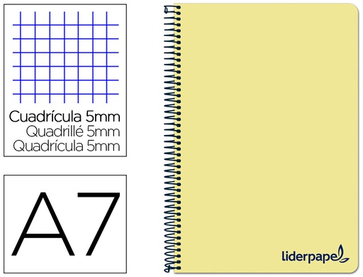 [BG09] CUADERNO ESPIRAL LIDERPAPEL A7 MICRO WONDER TAPA PLASTICO 100H 90 GR CUADRO 5MM 4 BANDAS COLOR AMARILLO