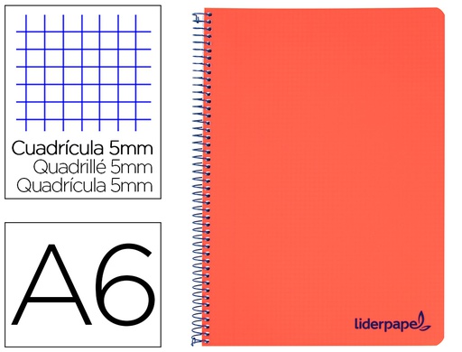 [BD30] CUADERNO ESPIRAL LIDERPAPEL A6 MICRO WONDER TAPA PLASTICO 120H 90 GR CUADRO 5MM 4 BANDAS COLOR ROJO