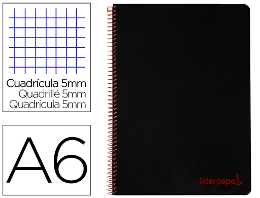 [BD27] CUADERNO ESPIRAL LIDERPAPEL A6 MICRO WONDER TAPA PLASTICO 120H 90 GR CUADRO 5MM 4 BANDAS COLOR NEGRO