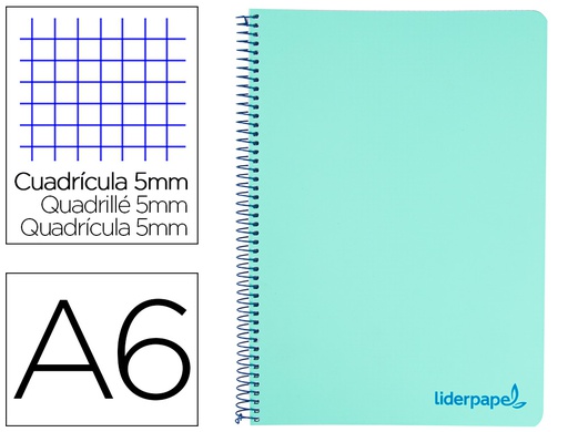 [BD12] CUADERNO ESPIRAL LIDERPAPEL A6 MICRO WONDER TAPA PLASTICO 120H 90 GR CUADRO 5MM 4 BANDASCOLOR VERDE PASTEL TURQUESA