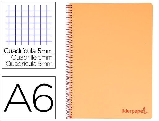 [BD13] CUADERNO ESPIRAL LIDERPAPEL A6 MICRO WONDER TAPA PLASTICO 120H 90 GR CUADRO 5MM 4 BANDAS COLOR NARANJA