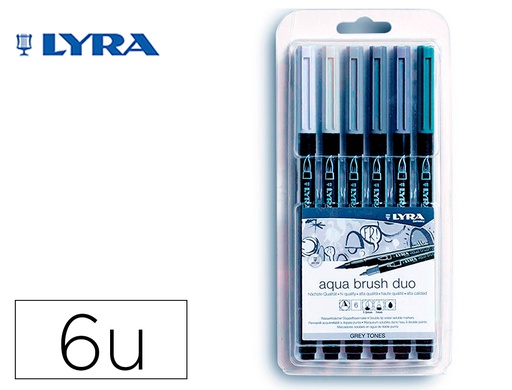 [L6521063] ROTULADOR LYRA AQUA BRUSH ACUARELABLE DOBLE PUNTA Y PINCEL TONOS GRISES BLISTER DE 6 UNIDADES SURTIDAS