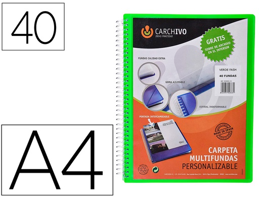 [53044054] CARPETA CARCHIVO ARCHIVEX POLIPROPILENO CANGURO VERDE ESCAPARATE CON ESPIRAL 40 FUNDAS CIERRE GOMAS DIN A4