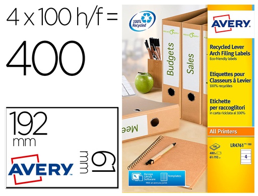 [LR4761-100] ETIQUETA ADHESIVA AVERY PAPEL BLANCO RECICLADO PARA ARCHIVADOR 192X61 MM LASER PACK DE 400 ETIQUETAS