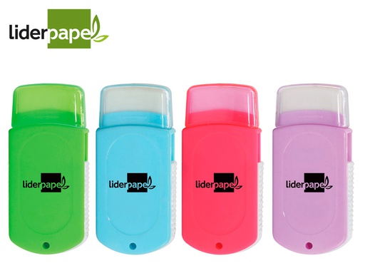 [ER14] GOMA DE BORRAR LIDERPAPEL RECTANGULAR CON PROTECTOR PLASTICO SACAPUNTAS 2 USOS Y CEPILLO COLORES SURTIDOS