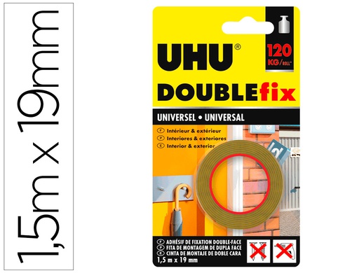 [36497] CINTA ADHESIVA UHU DOUBLEFIX MARRON DOBLE CARA EXTRA FUERTE 1,5 MT X 19 MM