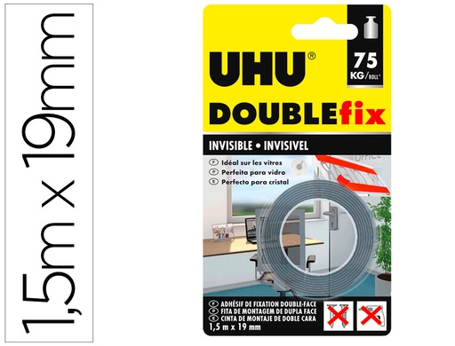 [44868] CINTA ADHESIVA UHU DOUBLEFIX INVISIBLE DOBLE CARA EXTRA FUERTE 1,5 MT X 19 MM