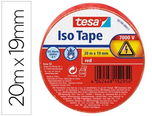 [56190-00011-22] CINTA ADHESIVA AISLANTE TESA 20 MT X 19 MM COLOR ROJO