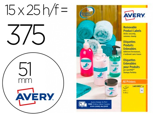 [L4853REV-25] ETIQUETA ADHESIVA AVERY BLANCA REDONDA REMOVIBLE PARA LASER INK-JET FOTOCOPIADORA 51 MM CAJA DE 375 UNIDADES