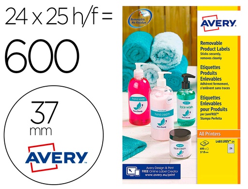 [L4851REV-25] ETIQUETA ADHESIVA AVERY BLANCA REDONDA REMOVIBLE PARA LASER INK-JET FOTOCOPIADORA 37 MM CAJA DE 600 UNIDADES