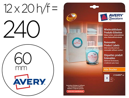 [L7104REV-20] ETIQUETA ADHESIVA AVERY BLANCA REDONDA REMOVIBLE PARA LASER INK-JET FOTOCOPIADORA 60 MM CAJA DE 240 UNIDADES