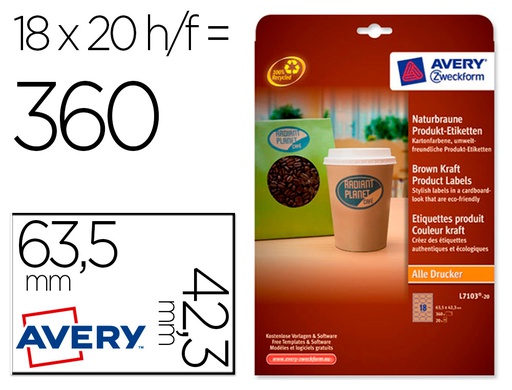 [L7103-20] ETIQUETA ADHESIVA AVERY KRAFT EFECTO CARTON OVALADA 63,5X42,3 MM REMOVIBLE LASER INK-JET CAJA DE 320 UNIDADES