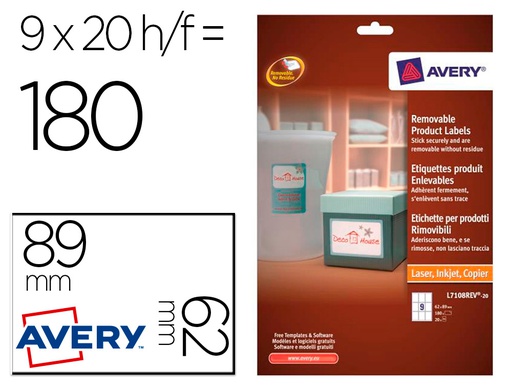 [L7108REV-20] ETIQUETA ADHESIVA AVERY REMOVIBLE PARA IMPRESORA LASER INYECCION TINTA FOTOCOPIADORA BLANCA 62X89 MM