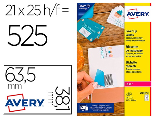 [L4613-25] ETIQUETA ADHESIVA CUBRIENTE AVERY PERMANENTE PARA IMPRESORA LASER BLANCA 63,5X 38,1 MM CAJA DE 525 UNIDADES