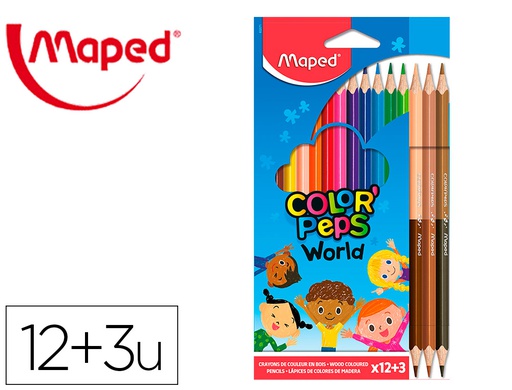 [832071] LAPICES DE COLORES MAPED COLOR PEPS WORLD CAJA DE 12 COLORES SURTIDOS + 3 DUO TONOS DE PIEL