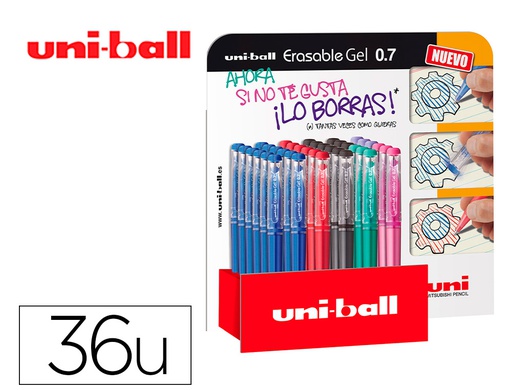 [182634756] ROTULADOR UNI-BALL ROLLER UF-222 TINTA GEL BORRABLE 0,7 MM EXPOSITOR DE 36 UNIDADES COLORES SURTIDOS