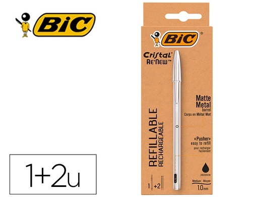 [997201] BOLIGRAFO BIC CRISTAL RENEW CUERPO EN ALUMINIO MATE TINTA NEGRO + 2 RECAMBIOS EN CAJA DE CARTON