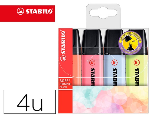 [70/4-4] ROTULADOR STABILO BOSS FLUORESCENTE 70 PASTEL ESTUCHE DE 4 UNIDADES COLORES