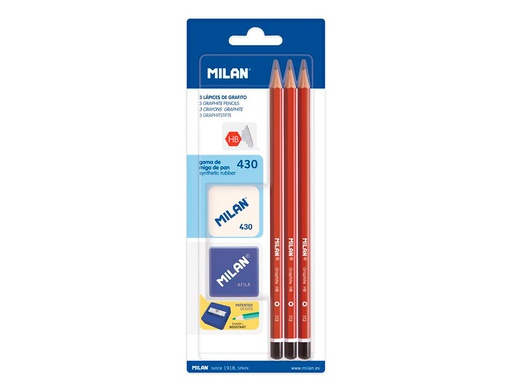 [BYM10016] LAPICES DE GRAFITO MILAN HEXAGONAL HB + GOMA 430 + AFILALAPIZ BLISTER DE 3 UNIDADES