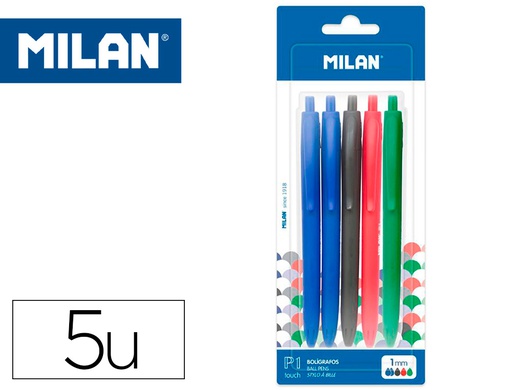 [BWM10321] BOLIGRAFO MILAN P1 RETRACTIL 1 MM TOUCH BLISTER DE 5 UNIDADES COLORES SURTIDOS
