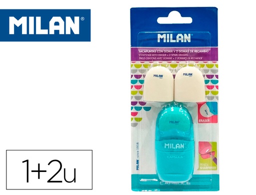 [BYM10034] SACAPUNTAS MILAN CAPSULE PLASTICO 1 USO CON GOMA + 2 RECAMBIOS DE GOMA EN BLISTER