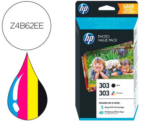 [Z4B62EE] INK-JET HP ENVY PHOTO 6230,7130,7134,7830 PACK N 303 NEGRO,COLOR Y 40 HOJAS PHOTO 10X15/1000 PAGINAS