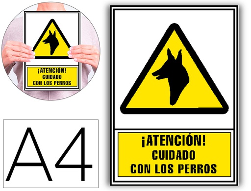 [6172-06 AM] PICTOGRAMA ARCHIVO 2000 ATENCION CUIDADO CON LOS PERROS PVC AMARILLO LUMINISCENTE 210X297 MM