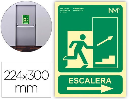 [6170-14H VE] PICTOGRAMA ARCHIVO 2000 SALIDA EMERGENCIA ESCALERA SUBE DERECHA PVC VERDE LUMINISCENTE 224X300 MM