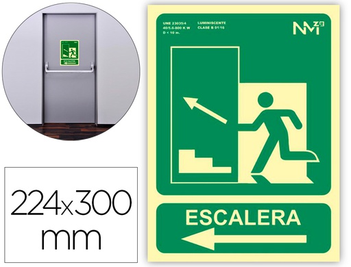 [6170-13H VE] PICTOGRAMA ARCHIVO 2000 SALIDA EMERGENCIA ESCALERA SUBE IZQUIERDA PVC VERDE LUMINISCENTE 224X300 MM