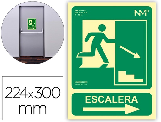 [6170-12H VE] PICTOGRAMA ARCHIVO 2000 SALIDA EMERGENCIA ESCALERA BAJA DERECHA PVC VERDE LUMINISCENTE 224X300 MM