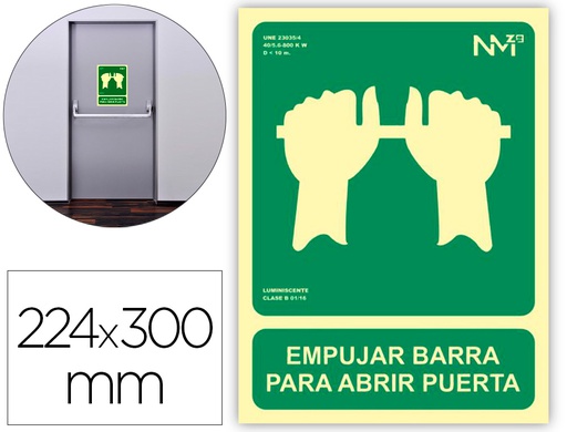 [6170-01H VE] PICTOGRAMA ARCHIVO 2000 EMPUJAR BARRA PARA ABRIR PUERTA PVC VERDE LUMINISCENTE 224X300 MM