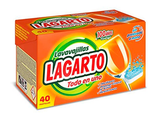 [160179] PASTILLA LAVAVAJILLAS LAGARTO TODO EN UNO ABRILLANTA DESINCRUSTA Y PROTEGE SIN PRELAVADO CAJA DE 40 UNIDADES