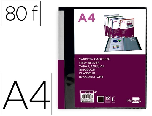[JC27] CARPETA LIDERPAPEL 80 FUNDAS CANGURO PP DIN A4 NEGRO OPACO PORTADA Y LOMO PERSONALIZABLE