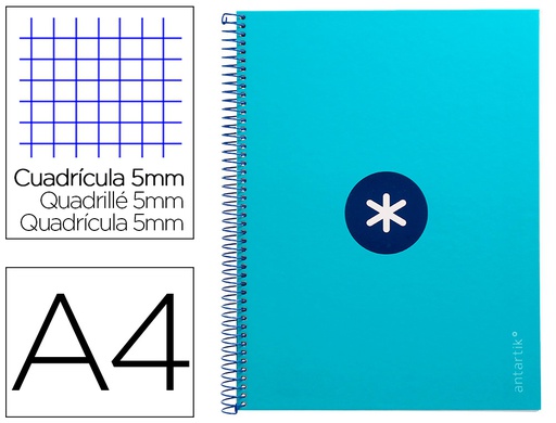 [KB26] CUADERNO ESPIRAL LIDERPAPEL A4 MICRO ANTARTIK TAPA FORRADA 80H 90 GR CUADRO 5MM 1 BANDA 4 TALADROS TURQUESA
