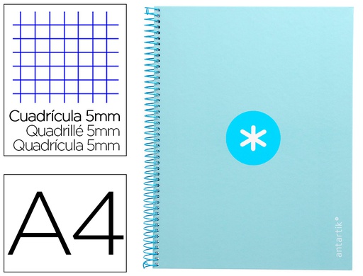 [KB25] CUADERNO ESPIRAL LIDERPAPEL A4 MICRO ANTARTIK TAPA FORRADA 80H 90 GR CUADRO 5MM 1 BANDA 4 TALADROS CELESTE