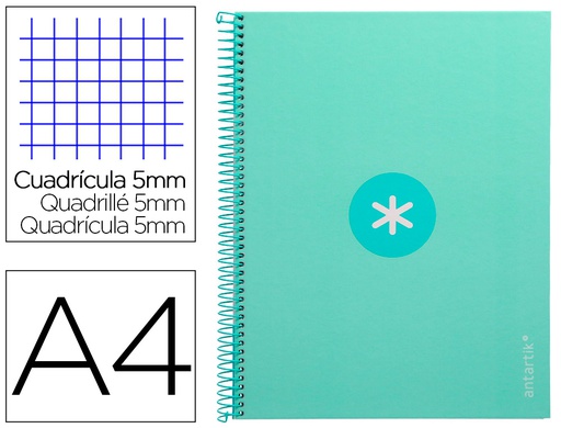 [KB23] CUADERNO ESPIRAL LIDERPAPEL A4 MICRO ANTARTIK TAPA FORRADA 80H 90 GR CUADRO 5MM 1 BANDA 4 TALADROS MENTA