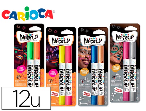 [52014] BARRA DE MAQUILLAJE CARIOCA MASK UP NEON / METALLIC EXPOSITOR 12 BLISTER DE 2 BARRAS COLORES SURTIDOS