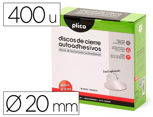 [13334] DISCO DE CIERRE PLICO VELCRO AUTOADHESIVO 20 MM DIAMETRO COLOR BLANCO CAJA DE 400 UNIDADES